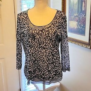 Ruby Rd black white stripe  geometric print 3/4 sleeve round neck top Lg EUC …